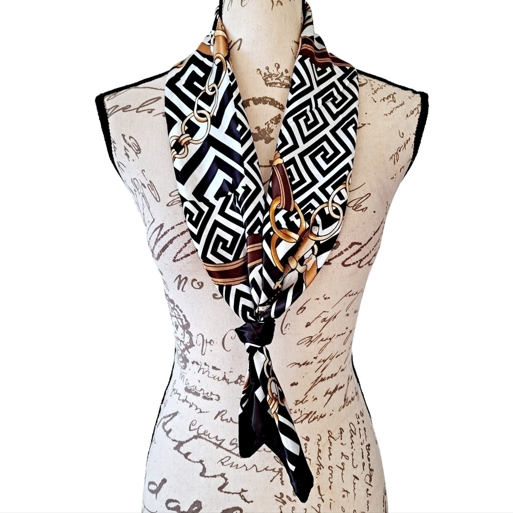 Satin square scarf Equestrian bridle Horse black white retro hair neck 💖2/$30